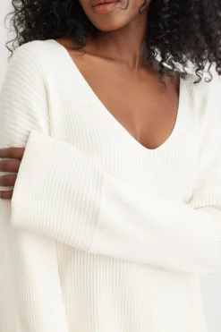 Sweaters & Cardigans | Sweaters-Dynamite Ribbed V-Neck Sweater White