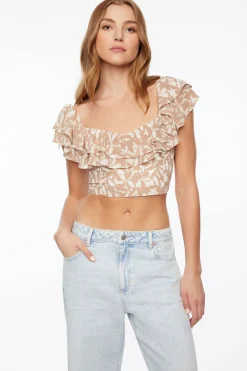 Blouses & Tops-Dynamite Rosalia Short Sleeve Ruffle Top Brown