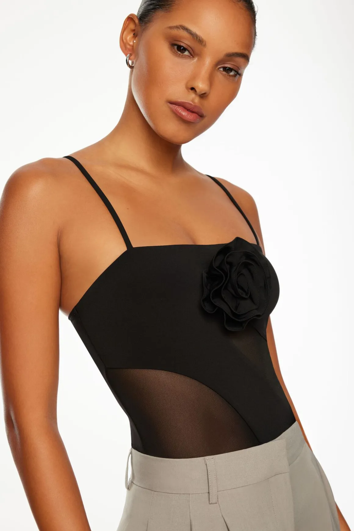 Tees & Tanks | Bodysuits-Dynamite Rosette Mesh Bodysuit Black