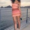 Dresses & Jumpsuits | Mini Dresses-Dynamite Ruched Mesh Mini Tube Dress Coral