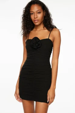 Dresses & Jumpsuits | Mini Dresses-Dynamite Ruched Mini Dress With Rosette Black