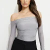 Tees & Tanks | Online Exclusives-Dynamite Ruched Off Shoulder Jersey Bodysuit Gray