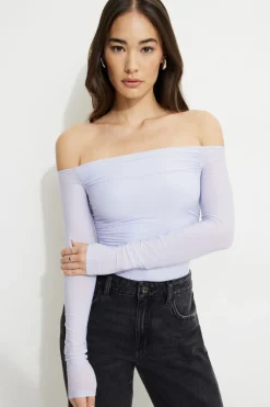 Tees & Tanks | Online Exclusives-Dynamite Ruched Off Shoulder Jersey Bodysuit Blue