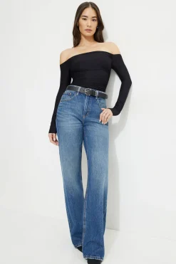 Online Exclusives | Tees & Tanks-Dynamite Ruched Off Shoulder Jersey Bodysuit Black