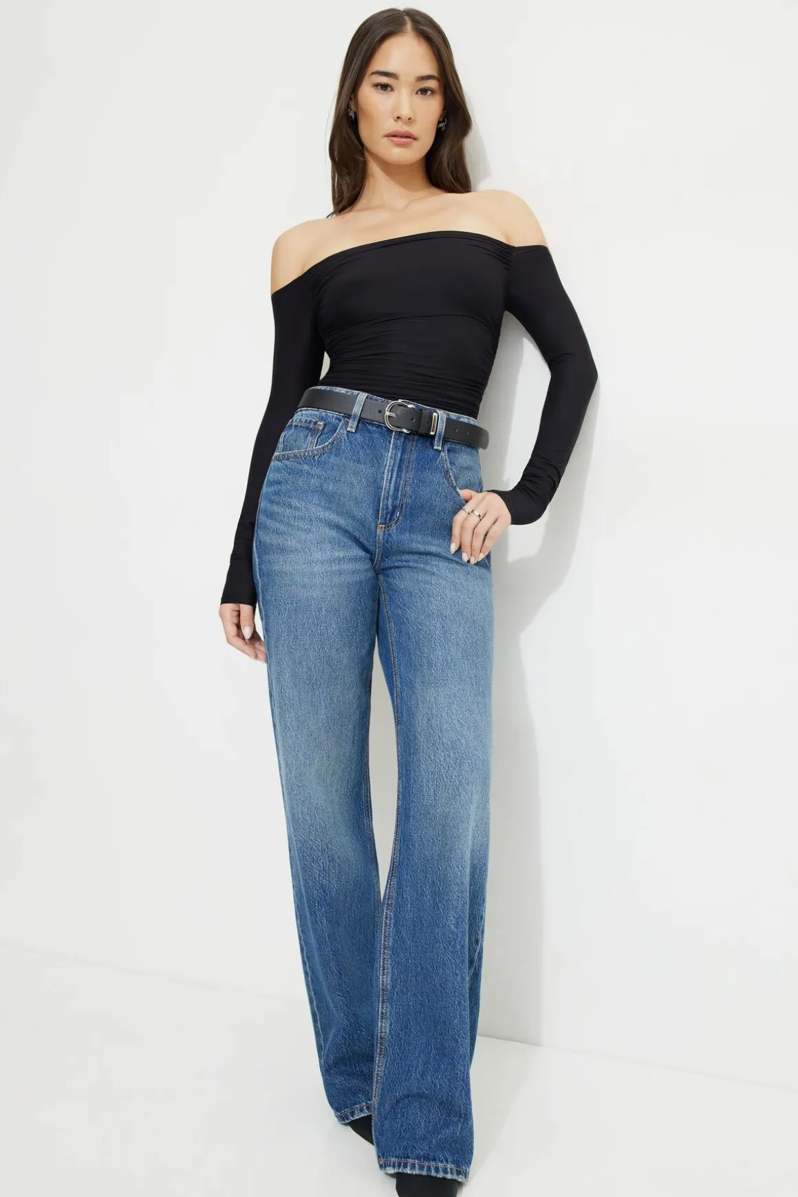 Online Exclusives | Tees & Tanks-Dynamite Ruched Off Shoulder Jersey Bodysuit Black