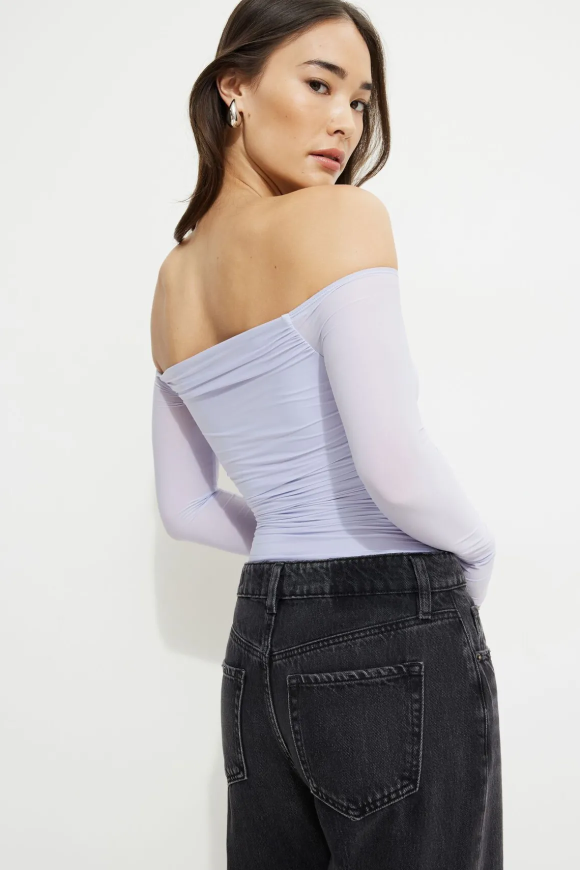 Tees & Tanks | Online Exclusives-Dynamite Ruched Off Shoulder Jersey Bodysuit Blue