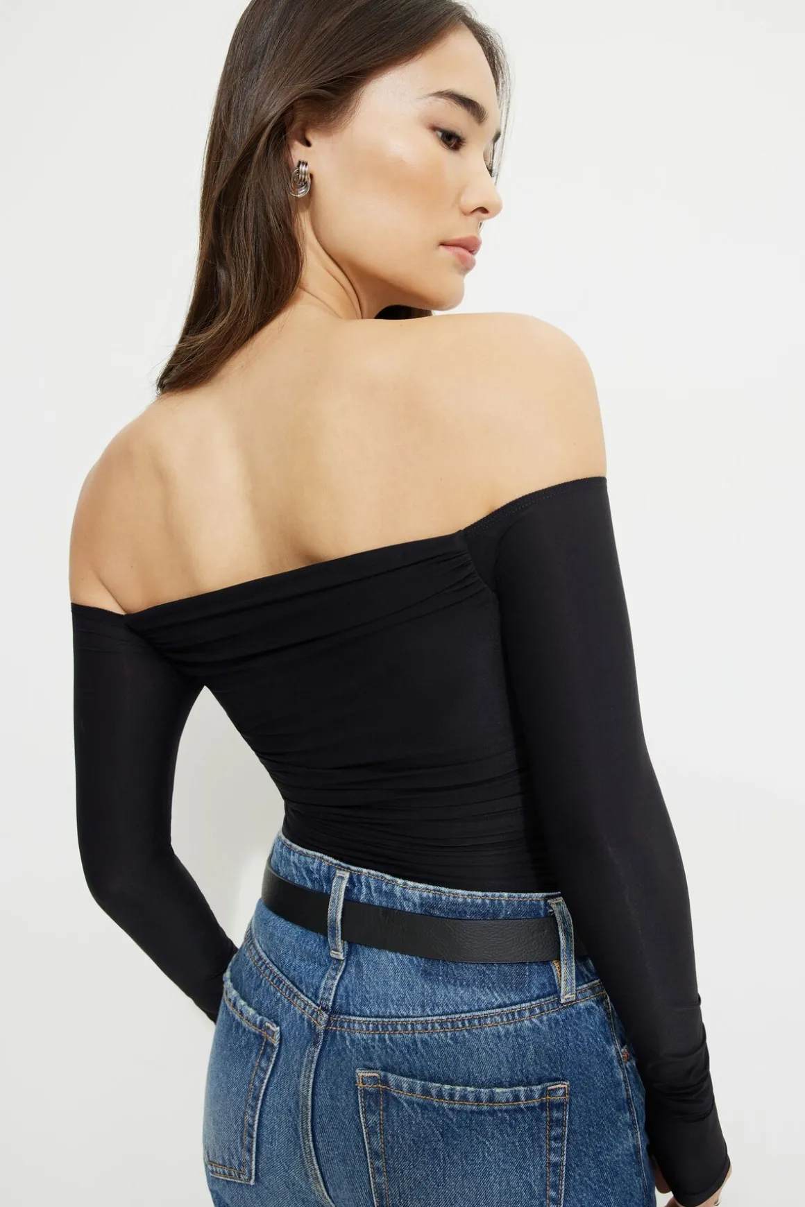 Online Exclusives | Tees & Tanks-Dynamite Ruched Off Shoulder Jersey Bodysuit Black