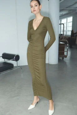 Dresses & Jumpsuits | Midi & Maxi Dresses-Dynamite Ruched Ribbed Maxi Dress Green