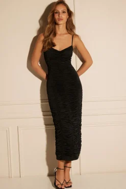 Dresses & Jumpsuits | Midi & Maxi Dresses-Dynamite Ruched V-Neck Midi Dress Black