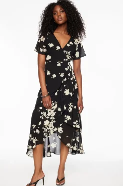 Dresses & Jumpsuits | Midi & Maxi Dresses-Dynamite Ruffled Wrap Midi Dress Black