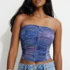 Tees & Tanks | Online Exclusives-Dynamite Salma Ruched Mesh Bustier Top Blue