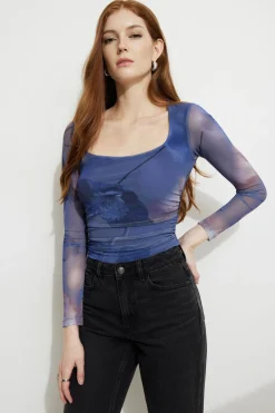Tees & Tanks | Online Exclusives-Dynamite Scarlette Ruched Mesh Top Blue