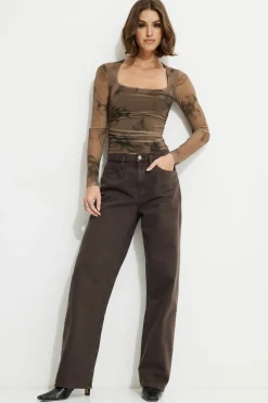 Tees & Tanks | Tees & Tanks-Dynamite Scarlette Ruched Mesh Top Brown