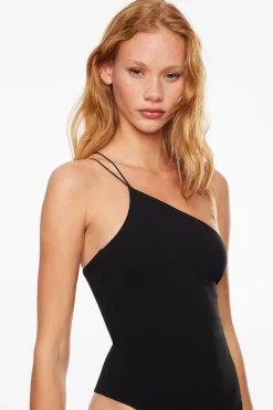 Tees & Tanks | Bodysuits-Dynamite Sculpt Asymmetrical Open Back Bodysuit Black