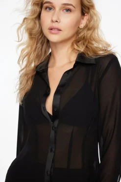 Blouses & Tops | Blouses & Tops-Dynamite Sheer Cinched Blouse Black