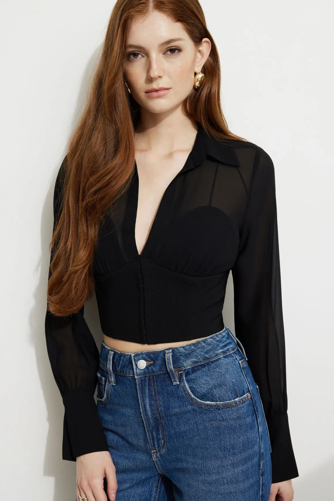 Blouses & Tops | Online Exclusives-Dynamite Sheer Corset Blouse Black