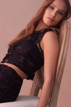 Sleeveless Tops-Dynamite Sheer Floral Lace Top Black