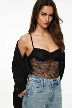 Tees & Tanks | Tees & Tanks-Dynamite Sheer Lace Bodysuit Black