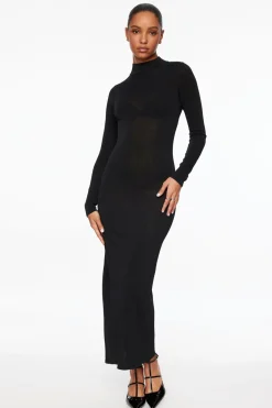 Dresses & Jumpsuits | Midi & Maxi Dresses-Dynamite Sheer Mock Neck Maxi Dress Black
