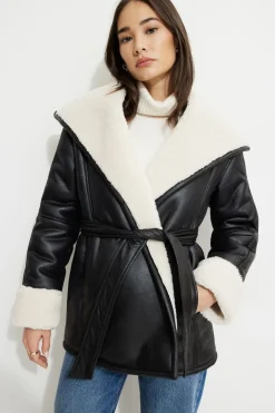 Coats & Jackets | Classic Coats-Dynamite Sherpa Short Faux Leather Wrap Coat Black