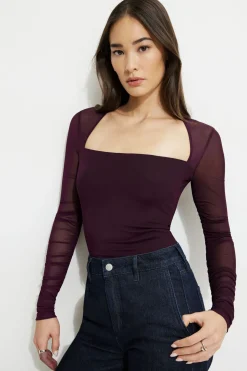 Tees & Tanks | Bestsellers-Dynamite Shirred Long Sleeve Bolero Top Burgundy