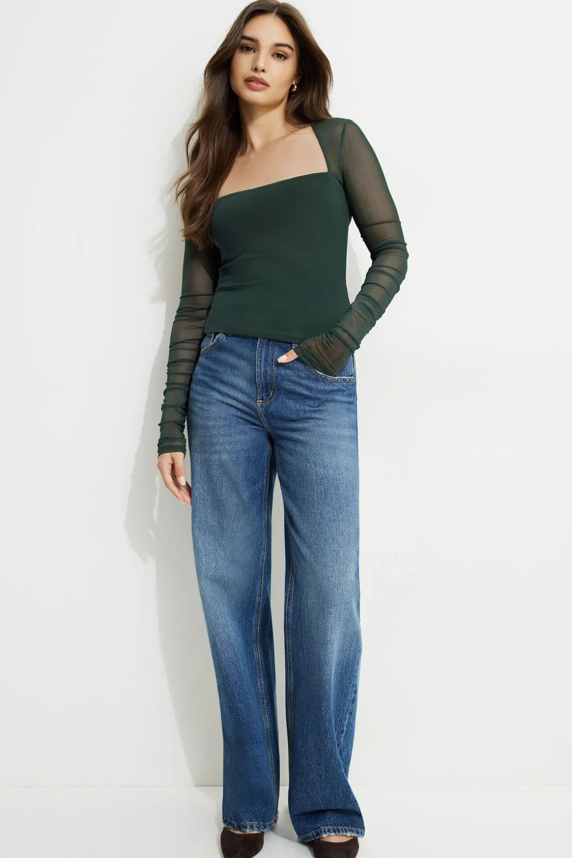 Tees & Tanks | Tees & Tanks-Dynamite Shirred Long Sleeve Bolero Top Green