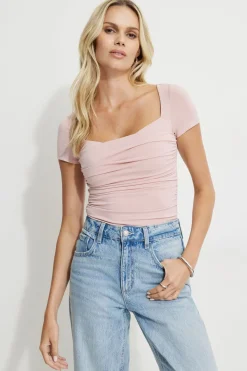 Tees & Tanks | Tees & Tanks-Dynamite Shirred Sweetheart Bodysuit Pink