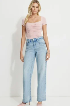 Tees & Tanks | Tees & Tanks-Dynamite Shirred Sweetheart Bodysuit Pink