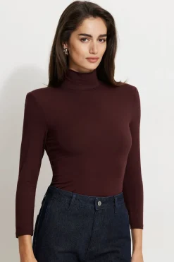 Tees & Tanks | Long Sleeve Tops-Dynamite Shoulder Pad Mock Neck Top Burgundy