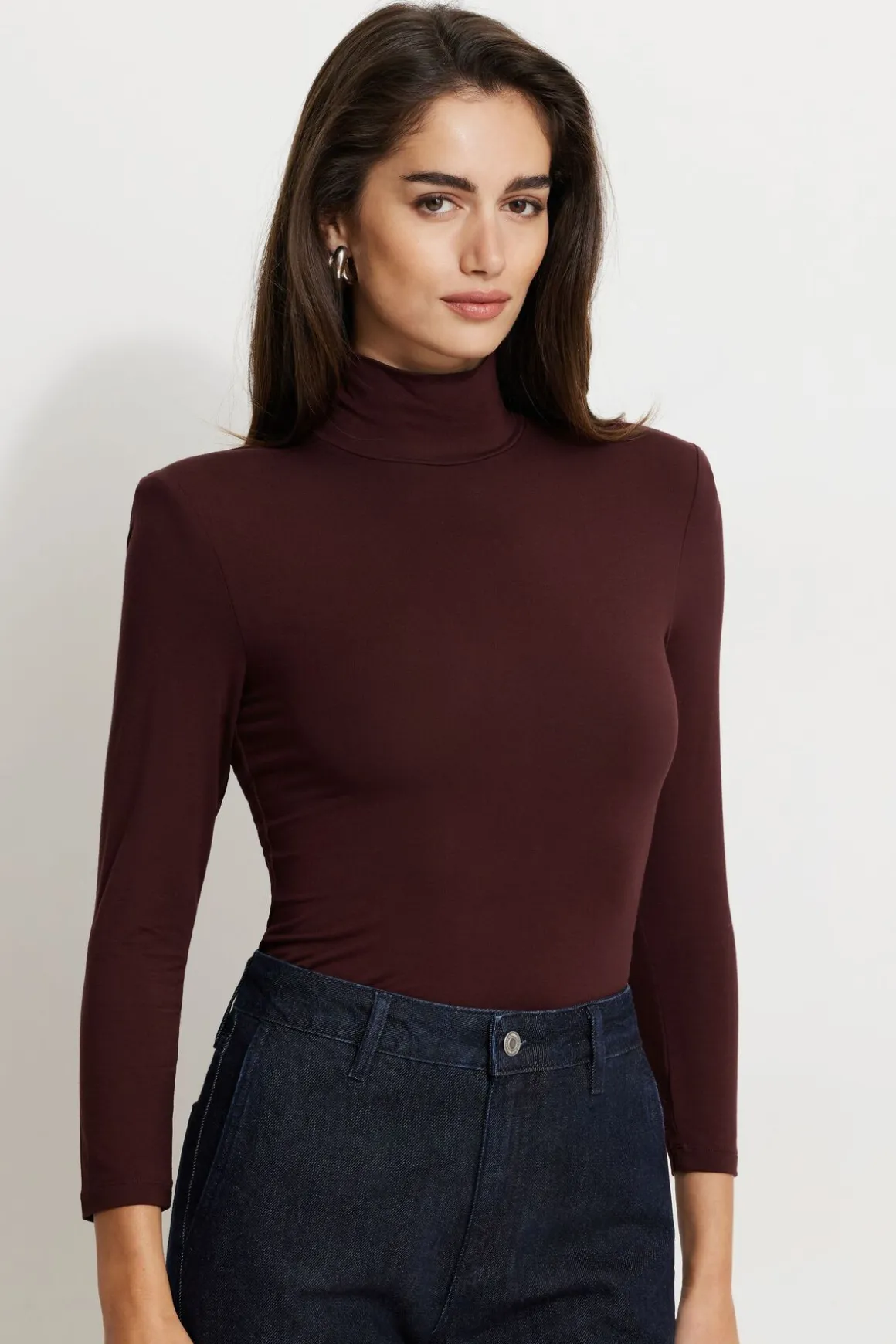 Tees & Tanks | Long Sleeve Tops-Dynamite Shoulder Pad Mock Neck Top Burgundy