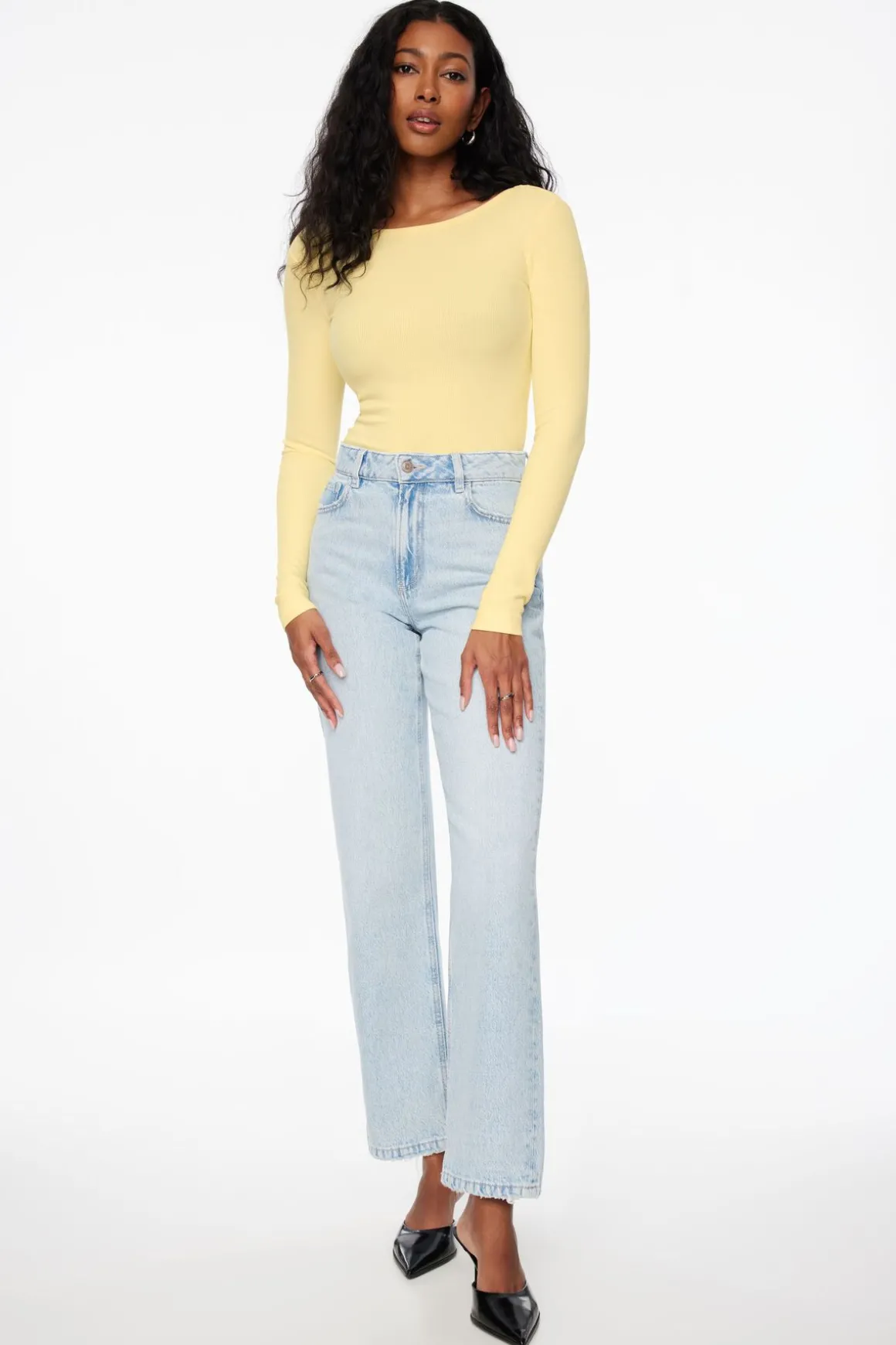 Tees & Tanks | Tees & Tanks-Dynamite Skye Long Sleeve Open Back Bodysuit Yellow