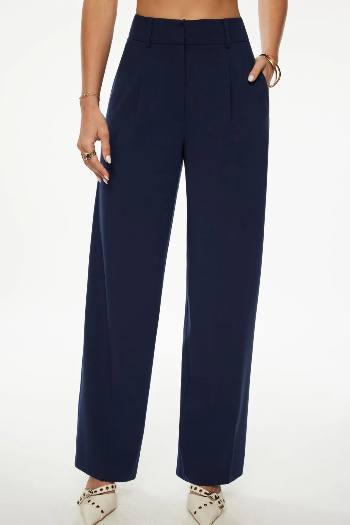 Straight Leg Pants-Dynamite Sofia Pleated Straight Leg Pants Blue