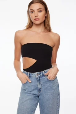 Bodysuits-Dynamite Strapless Cut Out Bodysuit Black