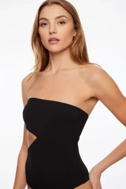 Bodysuits-Dynamite Strapless Cut Out Bodysuit Black