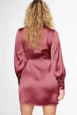 Dresses & Jumpsuits | Wedding Guest Dresses-Dynamite Tassia Satin Collared Wrap Mini Dress Burgundy