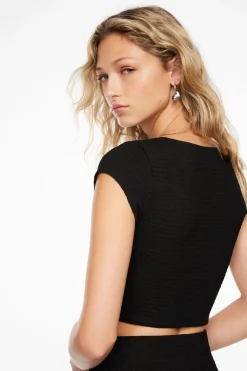 Tees & Tanks-Dynamite Textured Short Sleeve V-Neck Top Black