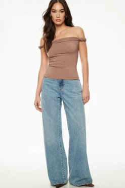 Tees & Tanks | Tees & Tanks-Dynamite Twisted Off Shoulder Top Brown