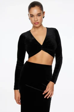 Tees & Tanks-Dynamite Velvet Deep V-Neck Crop Top Black